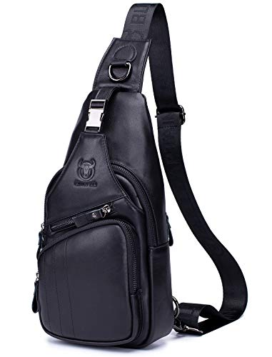 BULLCAPTAIN Leather Men Sling Bag Casual Crossbody Chest Bags Travel Daypack (Black)