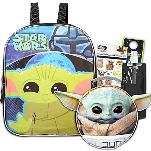 Fast Forward Baby Yoda Mini Backpack with Lunch Box Set - Bundle with 11" Baby Yoda Backpack, Mandalorian Lunch Bag, Water Bottle, Stickers, More | Star Wars Backpack for Boys