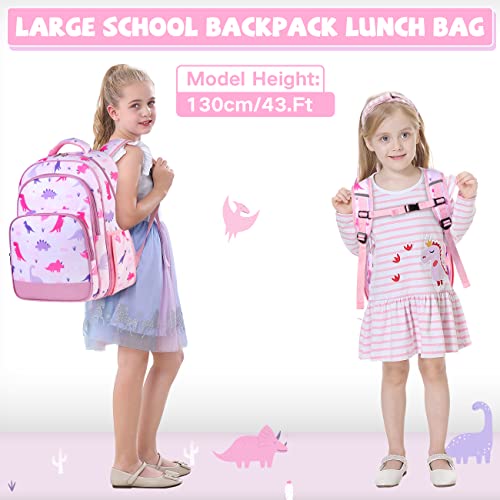 VASCHY Kids School Backpack Lunch Box Bag Pencil Case Combo, Children BookBag Schoolbag Set for Preschool/Kindergarten/Elementry School Supplies Boys Girls Pink Dinosaurs