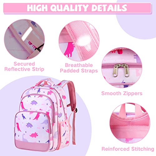 VASCHY Kids School Backpack Lunch Box Bag Pencil Case Combo, Children BookBag Schoolbag Set for Preschool/Kindergarten/Elementry School Supplies Boys Girls Pink Dinosaurs