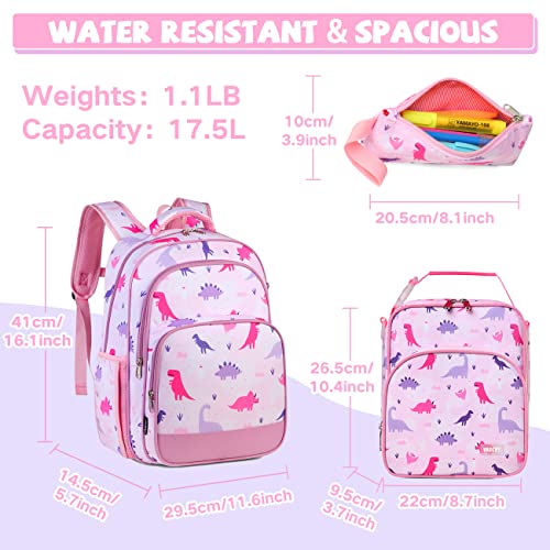 VASCHY Kids School Backpack Lunch Box Bag Pencil Case Combo, Children BookBag Schoolbag Set for Preschool/Kindergarten/Elementry School Supplies Boys Girls Pink Dinosaurs