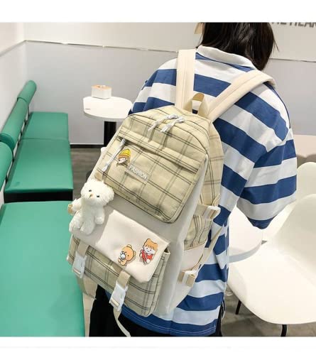 5Pcs Kawaii Canvas School Backpack Combo Set with Pear Pendant Cute Pins Tote Bag Pencil Pouch Plaid Checkered Aesthetic Laptop Schoolbag Daypack Kit Back To School (Khaki)