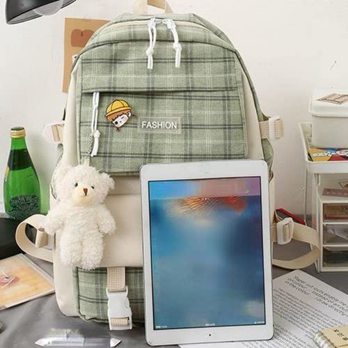 5Pcs Kawaii Canvas School Backpack Combo Set with Pear Pendant Cute Pins Tote Bag Pencil Pouch Plaid Checkered Aesthetic Laptop Schoolbag Daypack Kit Back To School (Khaki)