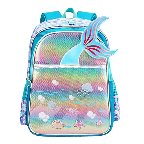 YOOVERSE Kids Backpack, Cute Mermaid Backpack for Girls, 16" Light Weight Waterproof School Backpack with Laptop Compartment (Backpack (one piece))