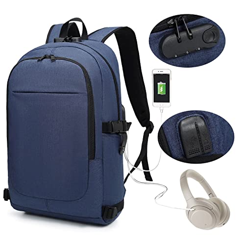 Varietyathletics 19" Laptop Backpack and Organizer Case Set USB Headset Port Anti-Theft Waterproof Travel Work School College (Navy)