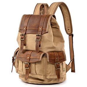 tsd brand laptop backpack vintage canvas leather backpack, hiking daypacks unisex casual rucksack durable notebook bag travel shoulders knapsack(camel)
