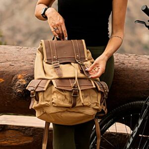 TSD Brand Laptop Backpack Vintage Canvas Leather Backpack, Hiking Daypacks Unisex Casual Rucksack Durable Notebook Bag Travel Shoulders knapsack(Camel)