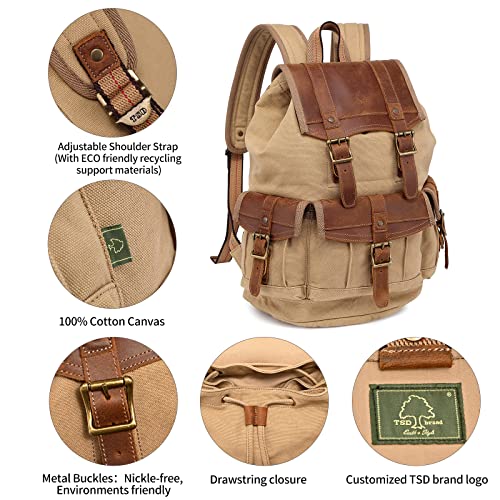 TSD Brand Laptop Backpack Vintage Canvas Leather Backpack, Hiking Daypacks Unisex Casual Rucksack Durable Notebook Bag Travel Shoulders knapsack(Camel)