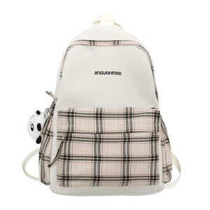 Kawaii Plaid Backpack with 1 Free Cute Panda Pendant for Girls Teens Criss Corss Aesthetic Daypack Satchel (Beige)