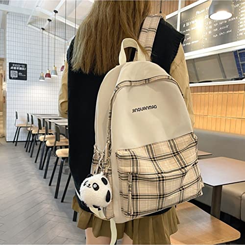 Kawaii Plaid Backpack with 1 Free Cute Panda Pendant for Girls Teens Criss Corss Aesthetic Daypack Satchel (Beige)