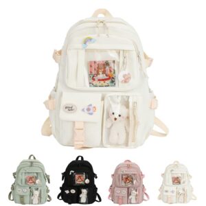 Kawaii Backpack with Kawaii Pin And Accessories, Cute Preppy Travel Backpack for Girls School with Plush Pendant (Beige)