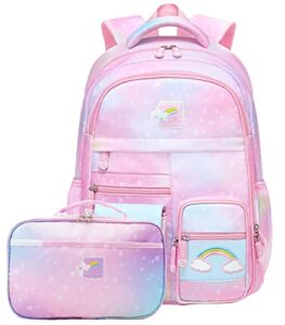 backpacks for girls school cute kids backpack bookbags with insulated lunch box set for school elementary girl, tie dye school bag with laptop compartments 16*11.5*7.5, galaxy pink
