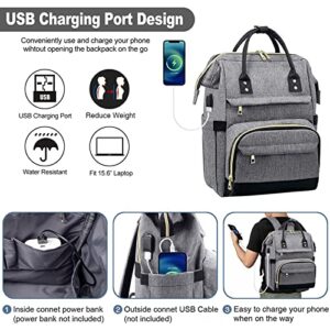 Water Resistant Large Travel Bags, Business Teacher Nurse Computer Purse Work Bag with USB Charging Port, Fit 15.6 Inch Laptop Backpack for Women Men, Grey Black