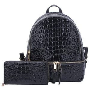 crocodile alligator faux backpack & wallet set (black)