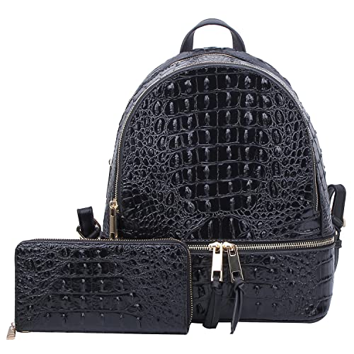 Crocodile Alligator Faux Backpack & Wallet Set (black)