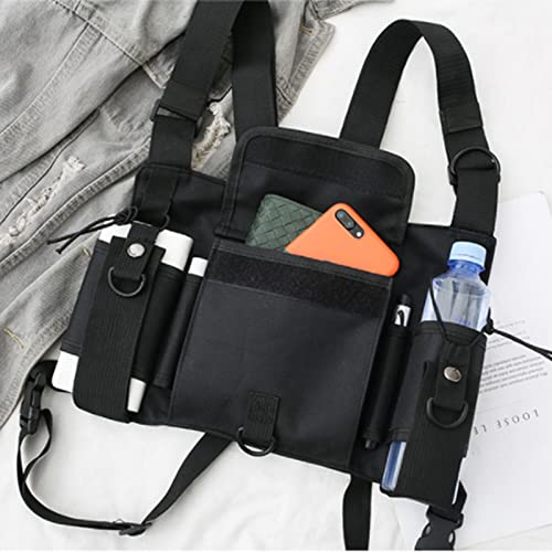 Chest Rig Bag Utility Vest Multi-Pocket Chest Bag for Men Hands Free Radio Front Pack Pouch Hip Hop Chest Pack Functional Tactical Harness for Women Running Exercise Hiking Camping (Black, Size L)