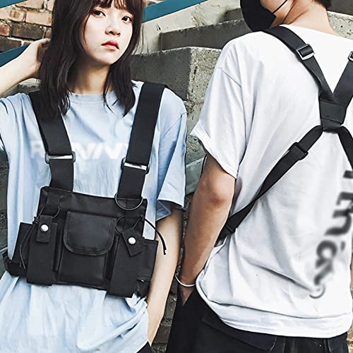 Chest Rig Bag Utility Vest Multi-Pocket Chest Bag for Men Hands Free Radio Front Pack Pouch Hip Hop Chest Pack Functional Tactical Harness for Women Running Exercise Hiking Camping (Black, Size L)