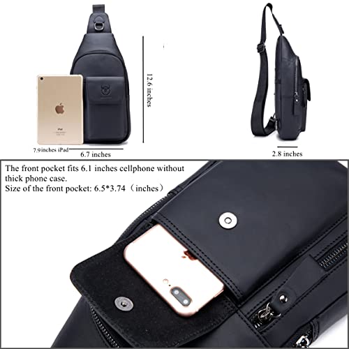 BULLCAPTAIN Genuine Leather Sling Backpack Multi-pocket Chest Bag Crossbody Daypack with Earphone Hole XB-121(Black)