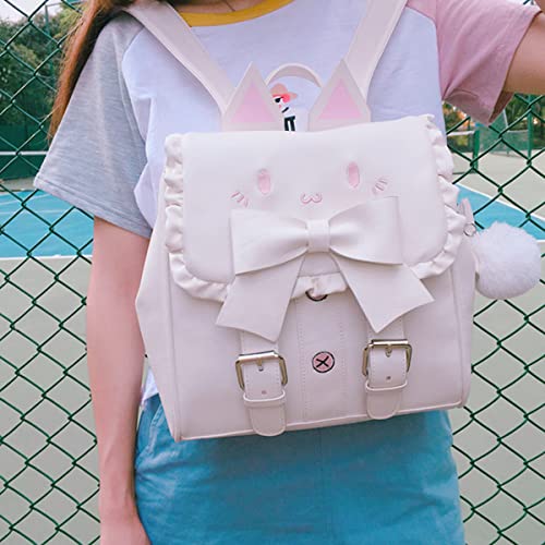 Aiyinuo Lolita Casual Backpack Kawaii Cartoon Cat Embroidery Travel Mochila Big Bowknot Sweet Daypack Schoolbag Campus Bookbag College Bag (White)