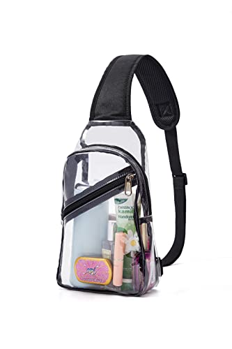 Dotpraise Clear Sling Bag Stadium Approved, 11"x 7" Small Clear Chest Backpack with Front Pocket, Clear Crossbody Chest Bag for Men Women, Black