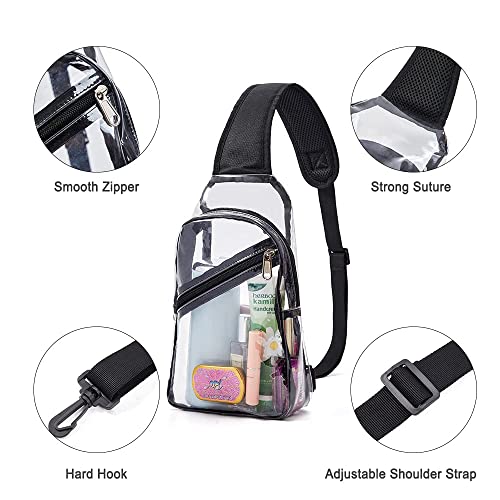 Dotpraise Clear Sling Bag Stadium Approved, 11"x 7" Small Clear Chest Backpack with Front Pocket, Clear Crossbody Chest Bag for Men Women, Black