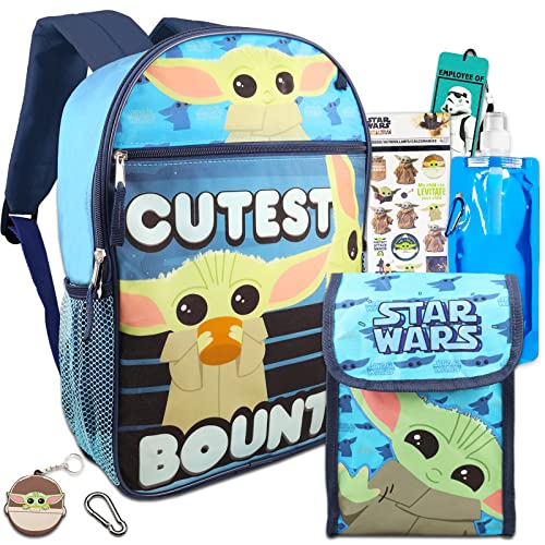 Fast Forward Baby Yoda Backpack with Lunch Bag for Boys - Bundle with Baby Yoda Backpack, Baby Yoda Lunch Box, Water Bottle, Stickers, Keychain, More | Star Wars Backpack Set