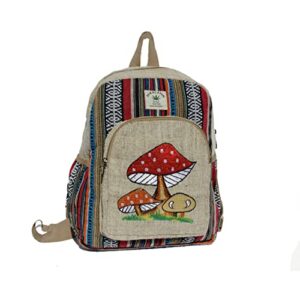 handmade marijuana backpack red mushroom psychedelics shroom backpack | made in nepal travel backpack with water bottle pockets | hemp cotton backpack – small mini backpack