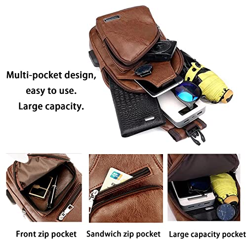 Crossbody Backpack for Men Women ,Sling Bag for Men Sling Backpack with USB Charging Port Sling Backpack Hiking Backpack Multipurpose Crossbody Chest Bag For Hiking Camping Outdoor Travel Brown