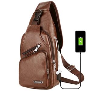 Crossbody Backpack for Men Women ,Sling Bag for Men Sling Backpack with USB Charging Port Sling Backpack Hiking Backpack Multipurpose Crossbody Chest Bag For Hiking Camping Outdoor Travel Brown