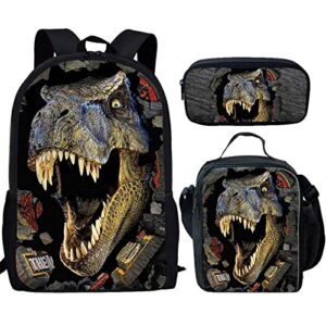 hugs idea t-rex dinosaur backpack teen boys school book bag with lunch box pen case 3 in 1