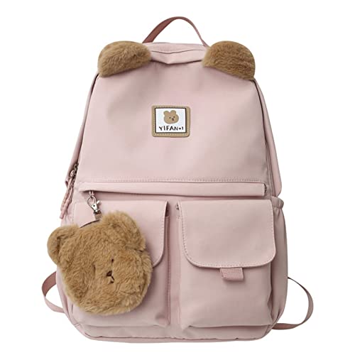 JEKAVA Kawaii Backpack with Bear Ears and Bear Coin Purse Girls Cute Aesthetic Backpack Large Capacity for School Travel (Pink)