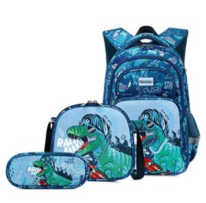 wawakube 3pcs boys dinosaur backpack set with lunch box pencil case, school book bag for kids elementary preschool