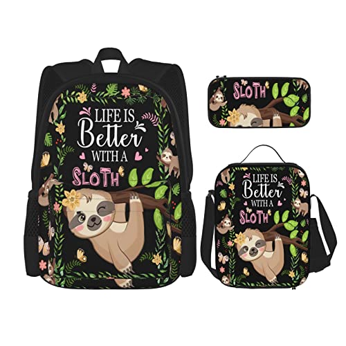 Sloth Backpack Set Sloth Backpacks+Lunch Bag With Holder+Pencil Case 3 Pieces Branch School Book Bag For Girls Boys