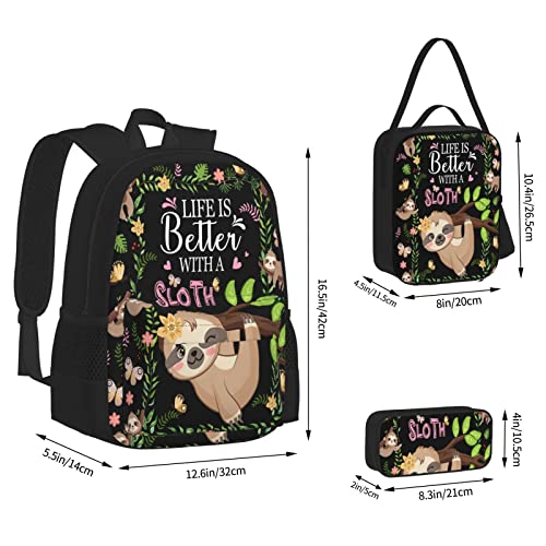 Sloth Backpack Set Sloth Backpacks+Lunch Bag With Holder+Pencil Case 3 Pieces Branch School Book Bag For Girls Boys