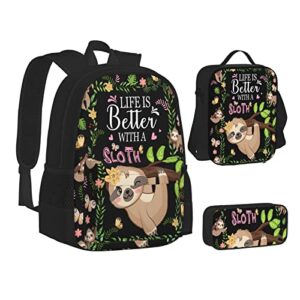 Sloth Backpack Set Sloth Backpacks+Lunch Bag With Holder+Pencil Case 3 Pieces Branch School Book Bag For Girls Boys