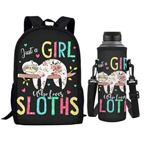 belidome backpack rucksack daypack+ water bottle sleeve cover, 2 piece, just a girl who loves sloths