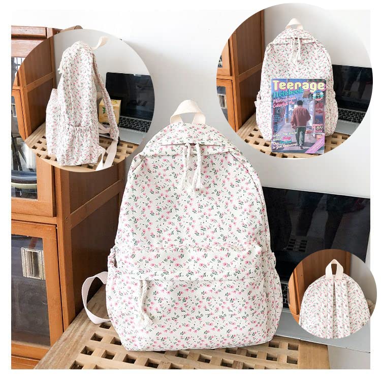 CHERSE Cute Laptop Backpack, Floral College Aesthetic Kawaii Backpack, Back to School Shoulders Bookbag with Bear Accessories (Small Floral)