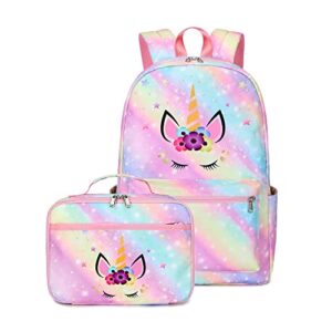 uplee unicorn school backpack for girls, kids elementary bookbag and lunch bag set, girls backpack with lunch box,unicorns backpack gifts for girls, cute girls book bag