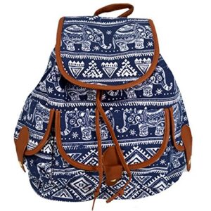 women girls ethnic style canvas drawstring bag floral printing backpack school rucksack(blue)