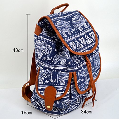 Women Girls Ethnic Style Canvas Drawstring Bag Floral Printing Backpack School Rucksack(Blue)