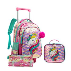 4PCS Unicorn Rolling Backpack for Girls, Wheels Backpacks for Girls,Suitcase School Bag Set,Kids Luggage with Lunch Box Pencil Case for Toddler Preschool Elementary Student