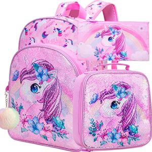 klfvb 3pcs unicorn backpack for girls, 16″ sequin kids bookbag and lunch box, preschool backpacks for elementary students