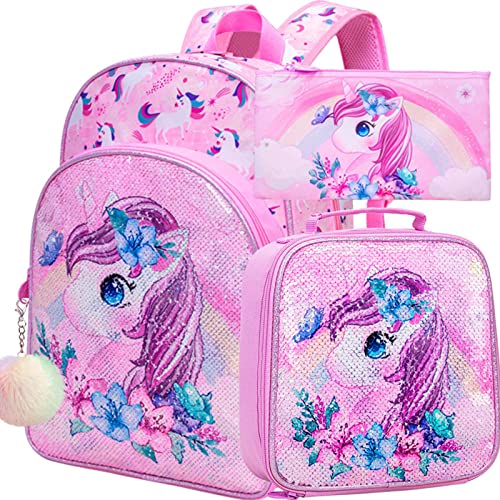 KLFVB 3PCS Unicorn Backpack for Girls, 16" Sequin Kids Bookbag and Lunch Box, Preschool Backpacks for Elementary Students