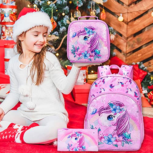 KLFVB 3PCS Unicorn Backpack for Girls, 16" Sequin Kids Bookbag and Lunch Box, Preschool Backpacks for Elementary Students