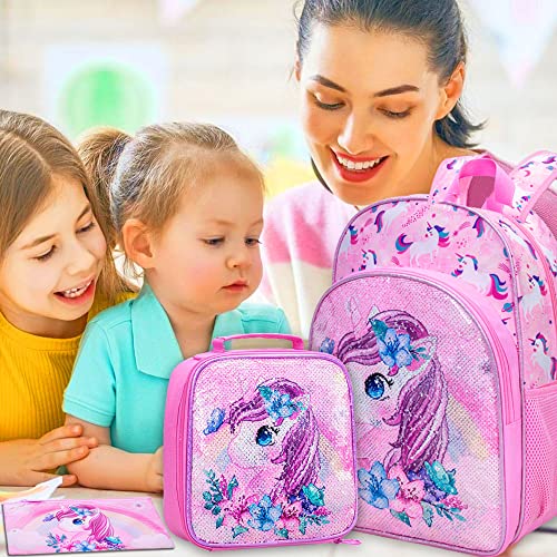 KLFVB 3PCS Unicorn Backpack for Girls, 16" Sequin Kids Bookbag and Lunch Box, Preschool Backpacks for Elementary Students