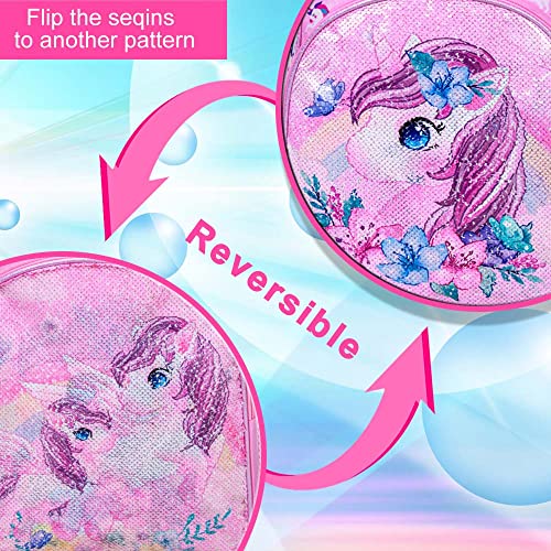 KLFVB 3PCS Unicorn Backpack for Girls, 16" Sequin Kids Bookbag and Lunch Box, Preschool Backpacks for Elementary Students