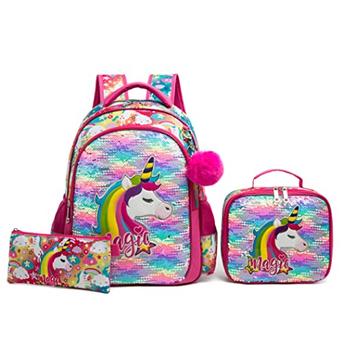 Sequin Unicorn Girls Backpack for Preschool Kindergarten Elementary School 16inch Lightweight School Backpack Bookbag for Girls Boys Kids (Rose Unicorn)