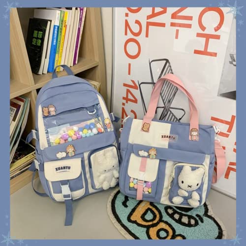 MeganJDesigns 2Pcs Kawaii Backpack for Teen Girls Aesthetic Student, Gift for Back to School, Travel Daypack Shoulder Bag Girls (Blue)