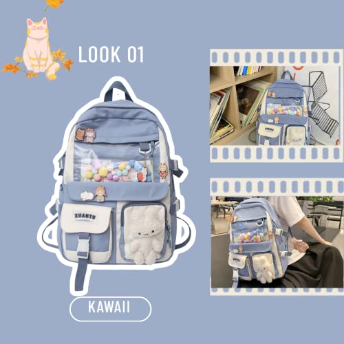 MeganJDesigns 2Pcs Kawaii Backpack for Teen Girls Aesthetic Student, Gift for Back to School, Travel Daypack Shoulder Bag Girls (Blue)