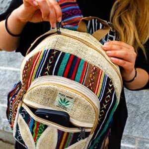 Himalayan Fashion Handmade Hemp Medium Backpack Bohemian Marijuana Style Travel Bag, Black, Beige